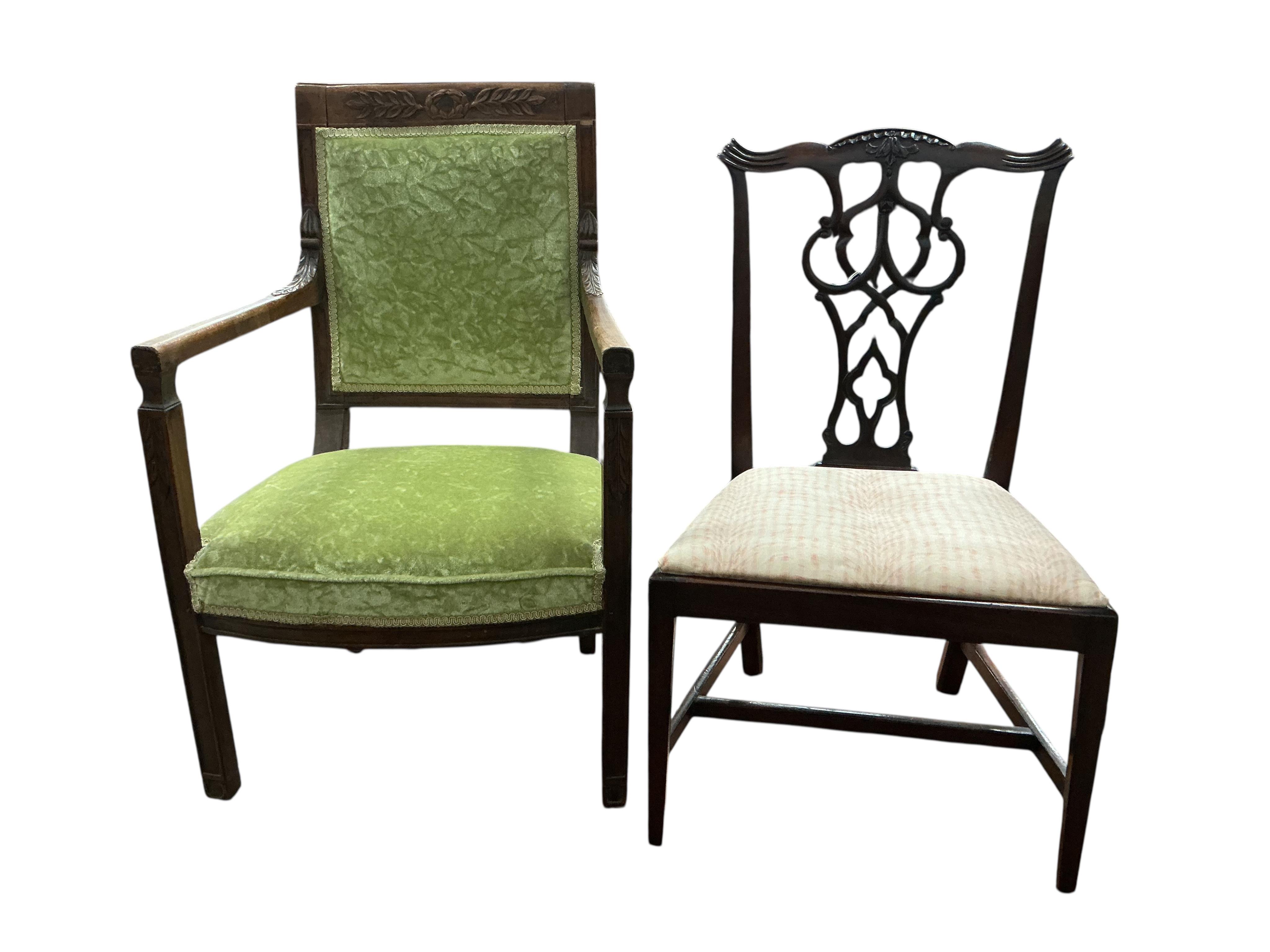 A low antique chair with well carved back - either a nursing chair, or possibly apprentice, and a chair with carved top (believe Brittany 1920s), width 55cm, depth 45cm, height 89cm